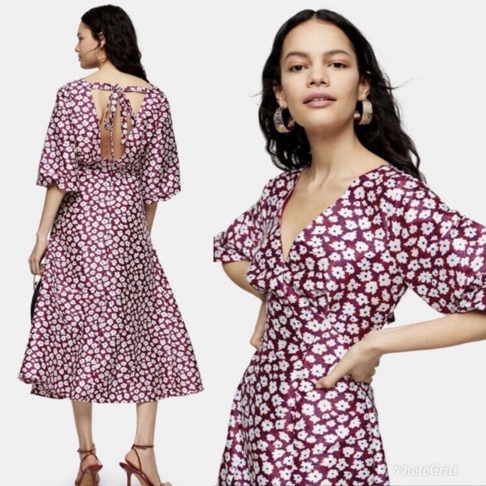 NWT TOPSHOP | Daisy Print Puff Sleeve Tie Back Midi Dress In Red Multi | Size 6 - Picture 2 of 12